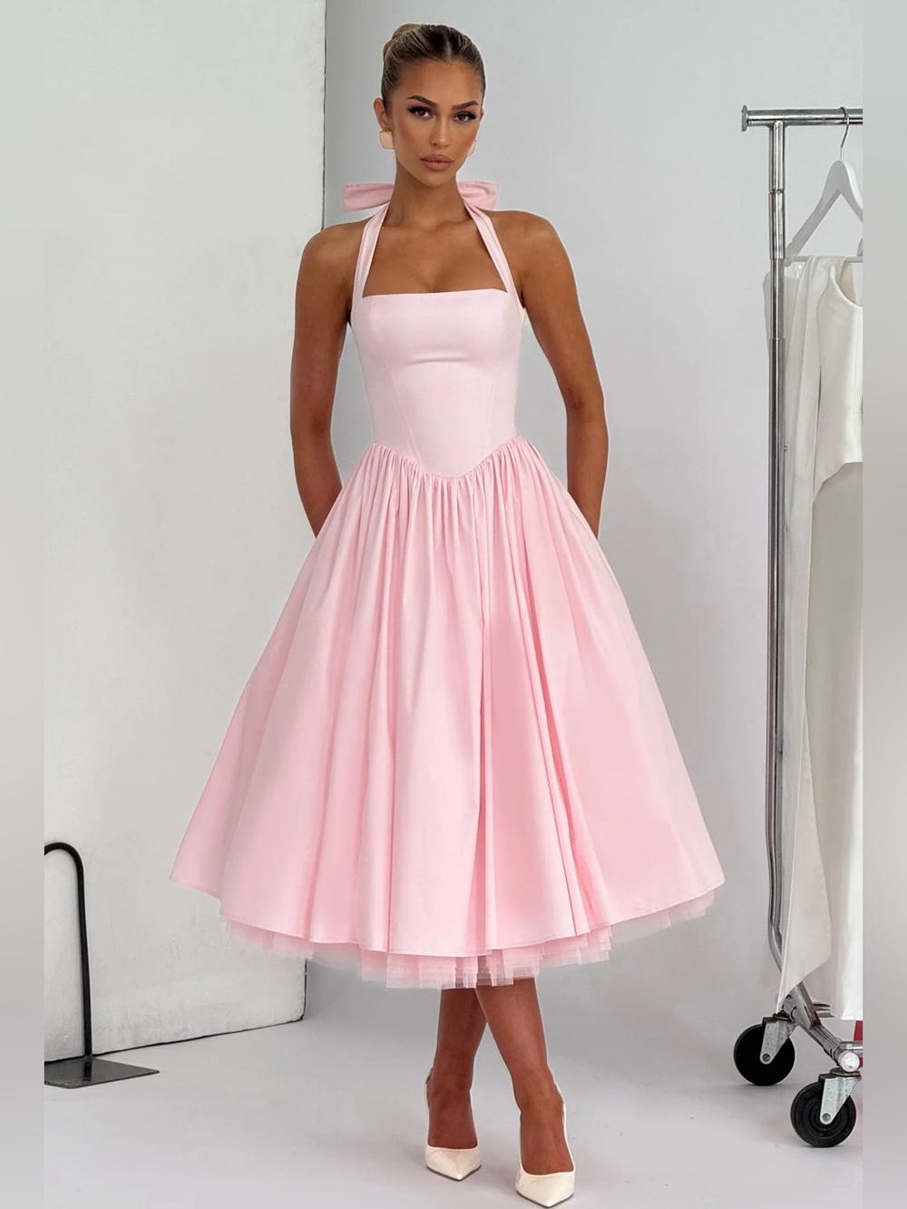 Elegant Pink Halter Fit-and-Flare Dress, CRESSIDA MIDI DRESS